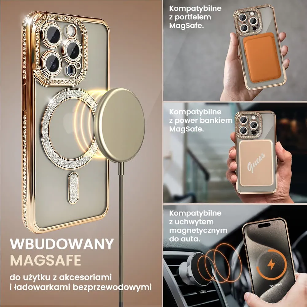 Etui do iPhone 15 Pro Diadem Glow, błyszczące z MagSafe, przeźroczyste, złote