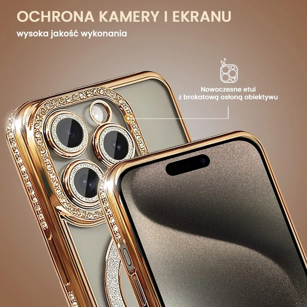 Etui do iPhone 15 Pro Diadem Glow, błyszczące z MagSafe, przeźroczyste, złote