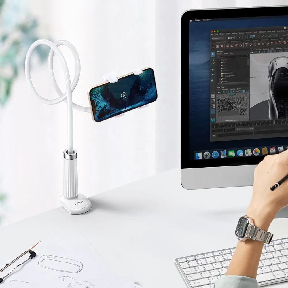 Elastyczny, długi uchwyt do telefonu, do biurka, łóżka, 360 stopni, biały