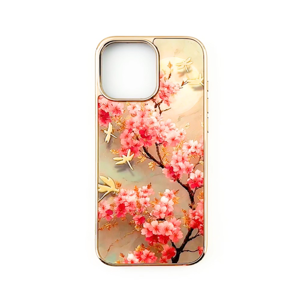 Etui do iPhone 16 Plus, Elite Glass z MagSafe, szklany tył, Azja, Taniec sakury, złote