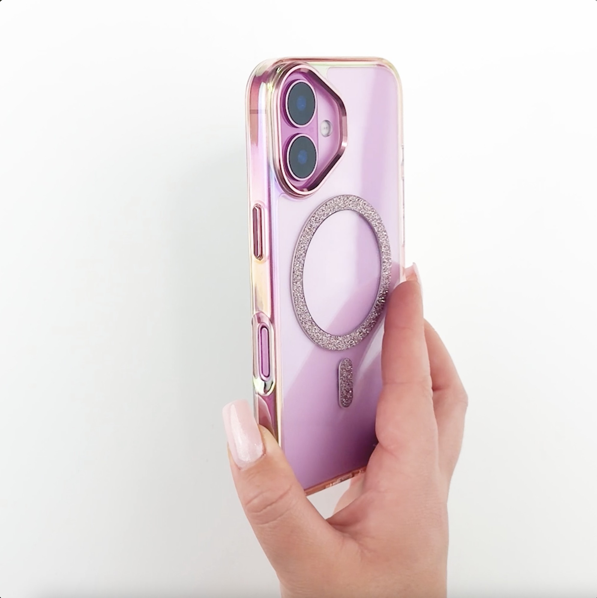 Etui do iPhone 16 Glitter Crown, opalizujące, przeźroczyste z brokatowym MagSafe, różowe