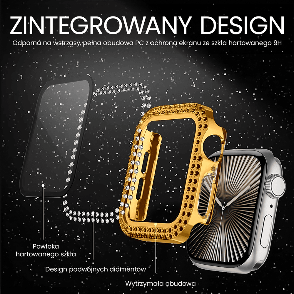 Etui do Apple Watch 7/8/9 – 41mm, z brokatową osłoną, złote