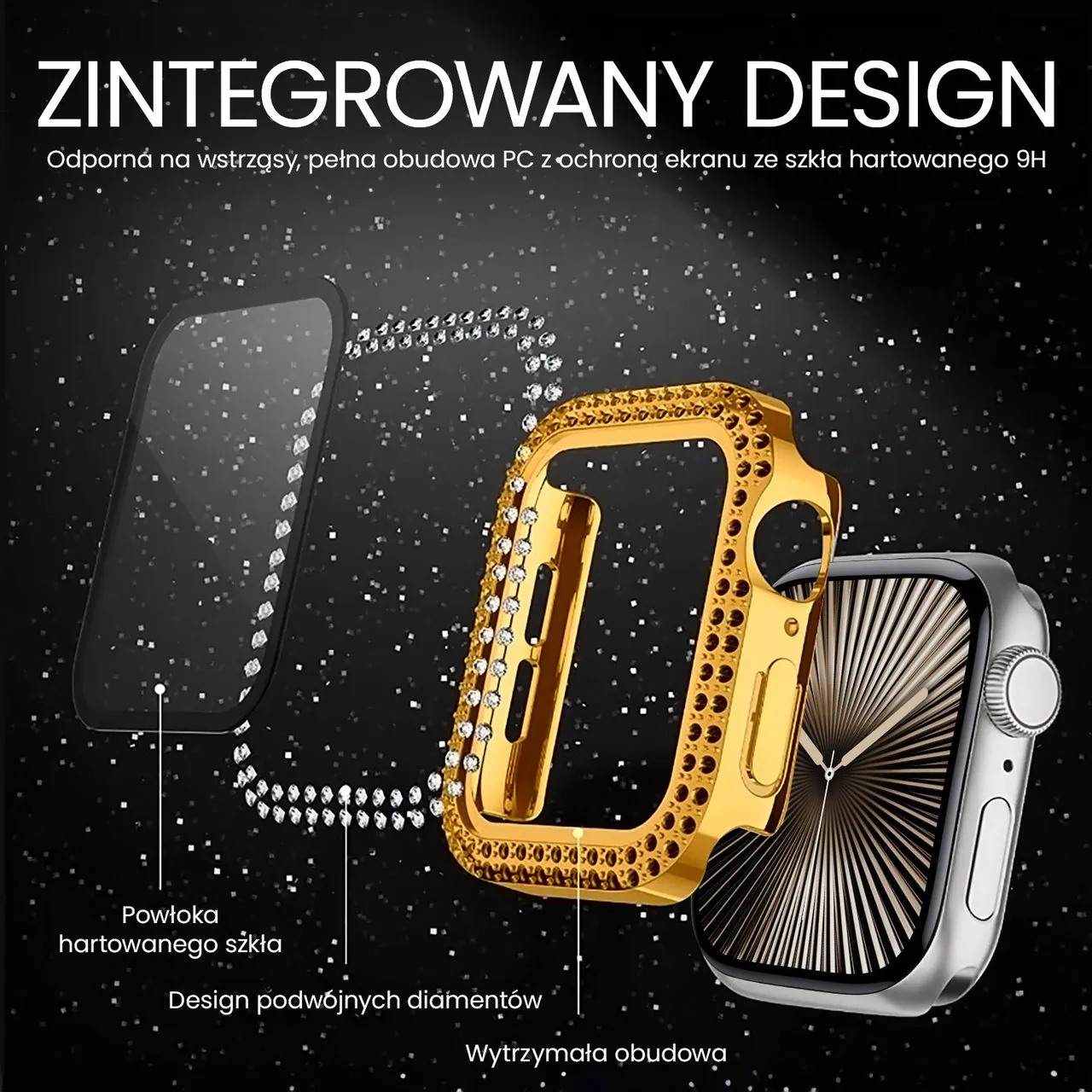 Etui do Apple Watch 7/8/9 – 45mm, z brokatową osłoną, złote