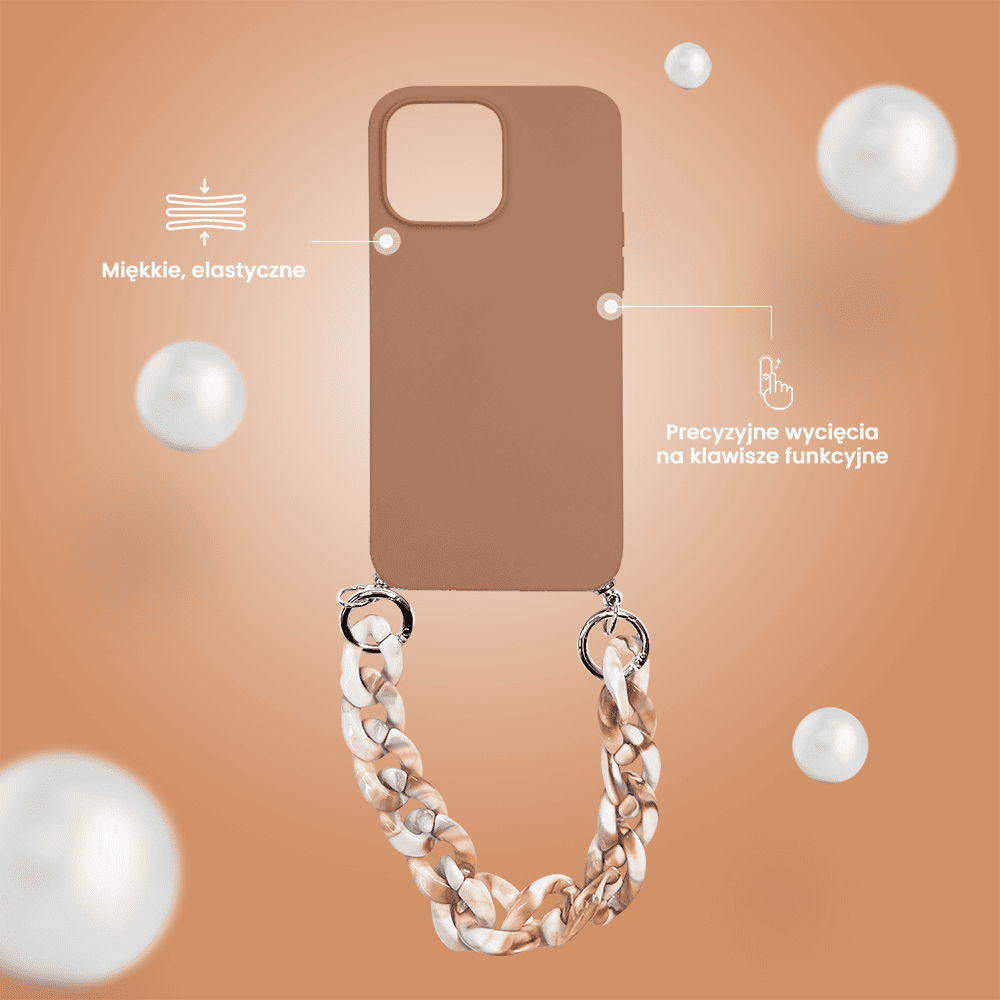 Etui do iPhone 14 Pro Max Crossbody na ramie jak torebka, z łancuszkiem i sznurkiem, mleczna czekolada