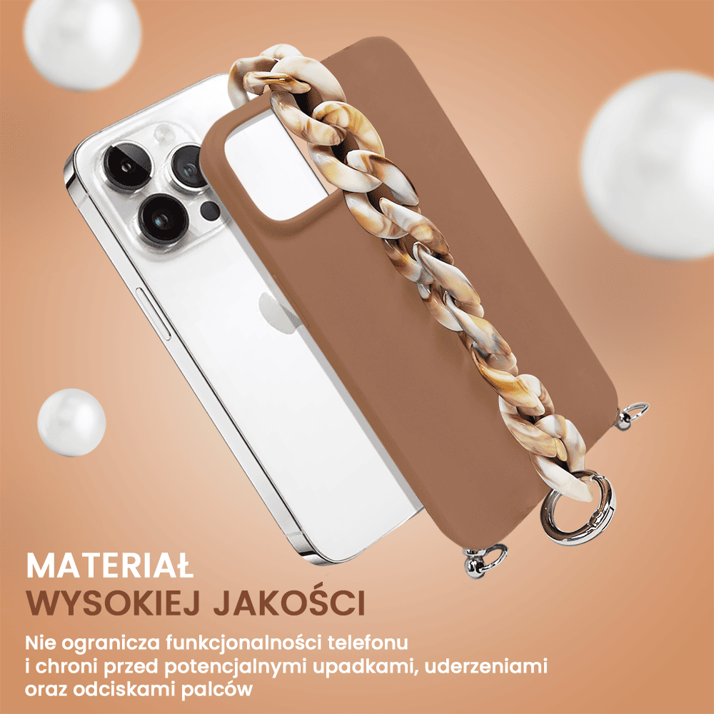 Etui do iPhone 14 Pro Max Crossbody na ramie jak torebka, z łancuszkiem i sznurkiem, mleczna czekolada