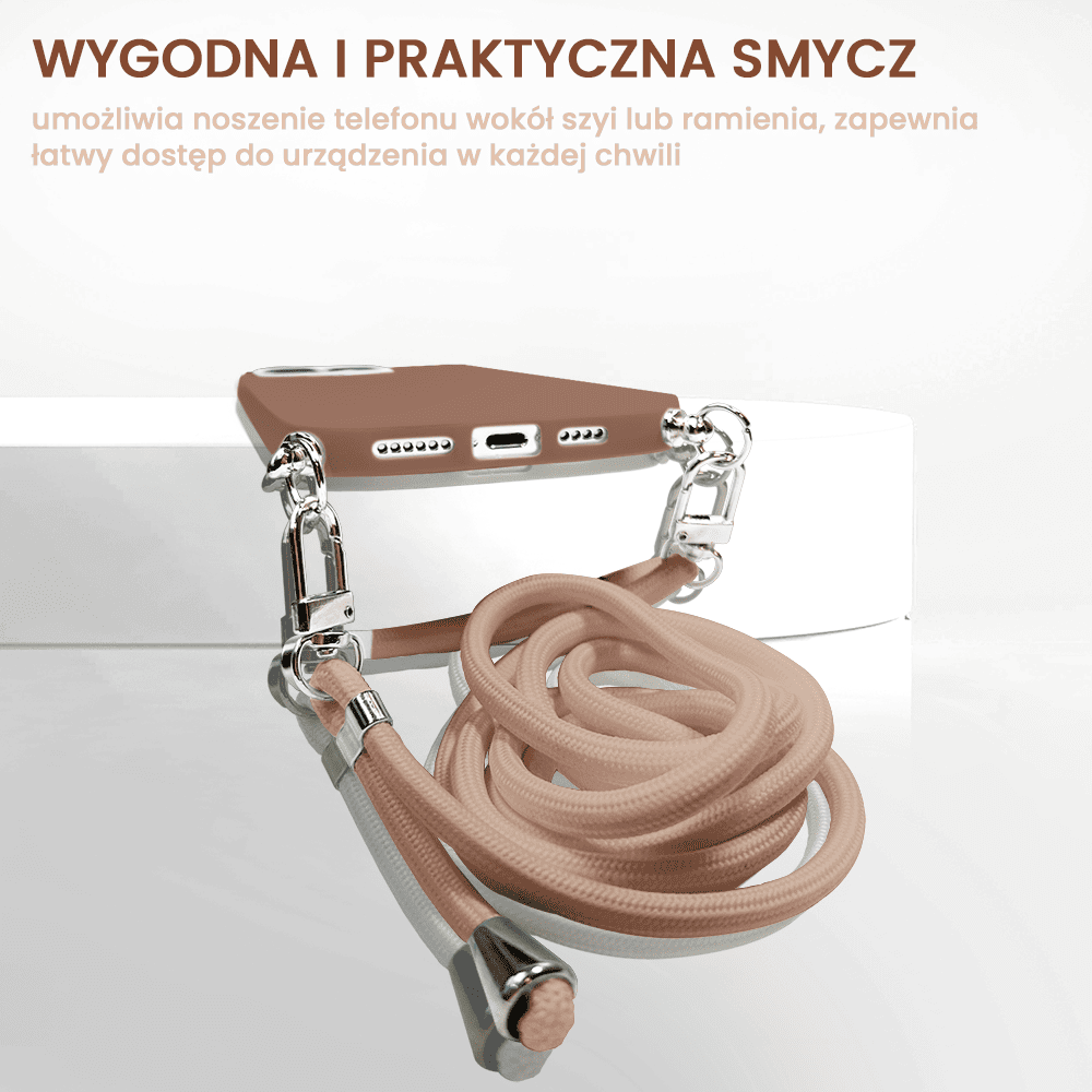 Etui do iPhone 14 Pro Max Crossbody na ramie jak torebka, z łancuszkiem i sznurkiem, mleczna czekolada