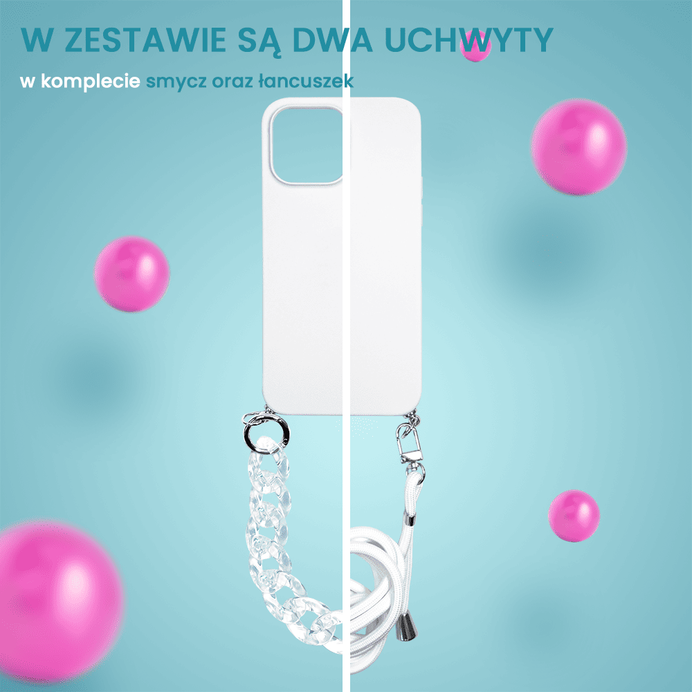 Etui do iPhone 13 Crossbody na ramie jak torebka, z łańcuszkiem i sznurkiem, alabastrowe białe