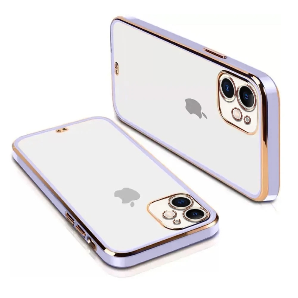Etui do iPhone 12 Fashion Gold przeźroczysty tył, pozłacane elementy, osłona na aparat, fioletowa ramka (OUTLET)