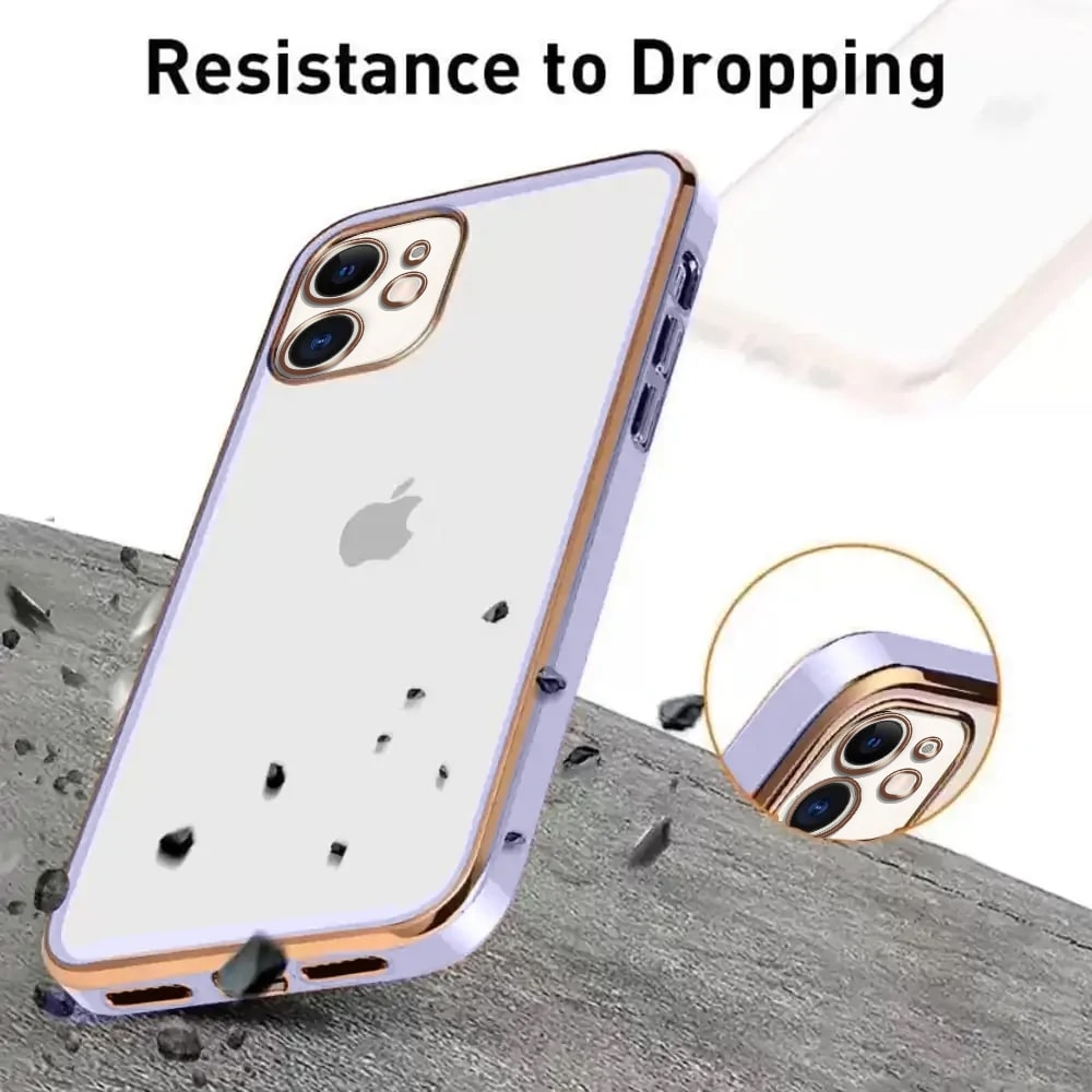 Etui do iPhone 12 Fashion Gold przeźroczysty tył, pozłacane elementy, osłona na aparat, fioletowa ramka (OUTLET)