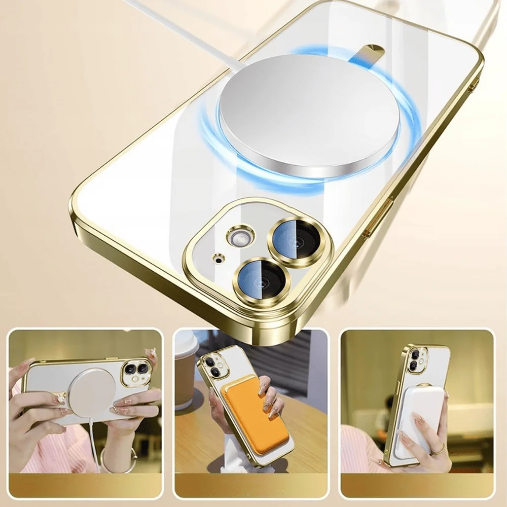 Etui do iPhone 11 MagSafe Luxury Protect przeźroczyste, hybrydowa ochrona kamery, złote