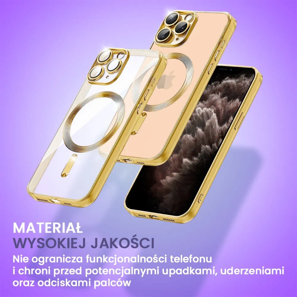 Etui do iPhone 11 Pro Max MagSafe Luxury Protect przeźroczyste, hybrydowa ochrona kamery, złote