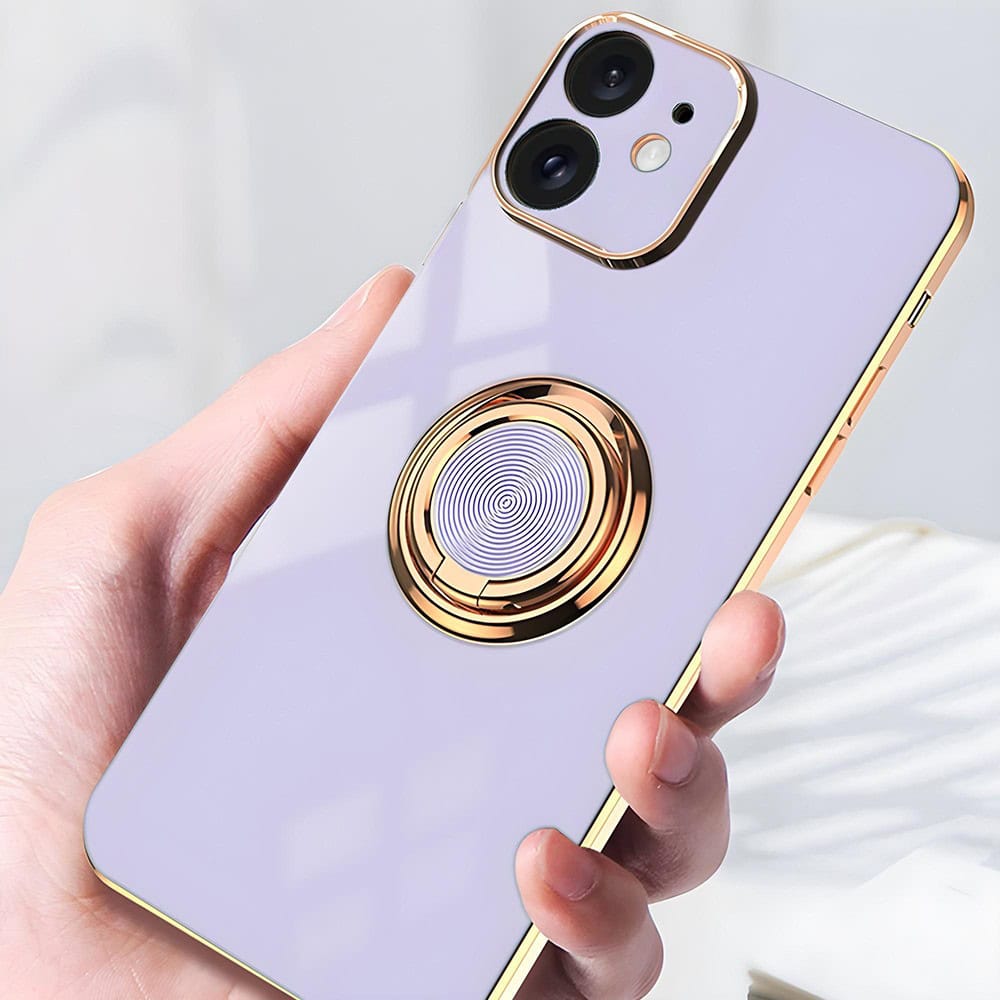 Etui do iPhone 11 eleganckie, ze złotym, metalowym uchwytem i zdobieniami, osłona na aparat, fioletowe liliowe