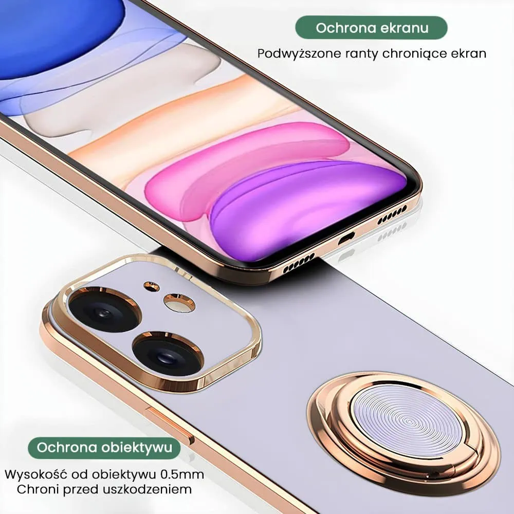 Etui do iPhone 11 eleganckie, ze złotym, metalowym uchwytem i zdobieniami, osłona na aparat, fioletowe liliowe