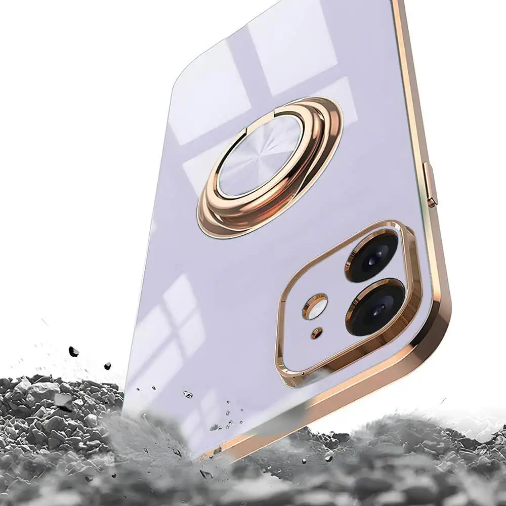 Etui do iPhone 11 eleganckie, ze złotym, metalowym uchwytem i zdobieniami, osłona na aparat, fioletowe liliowe