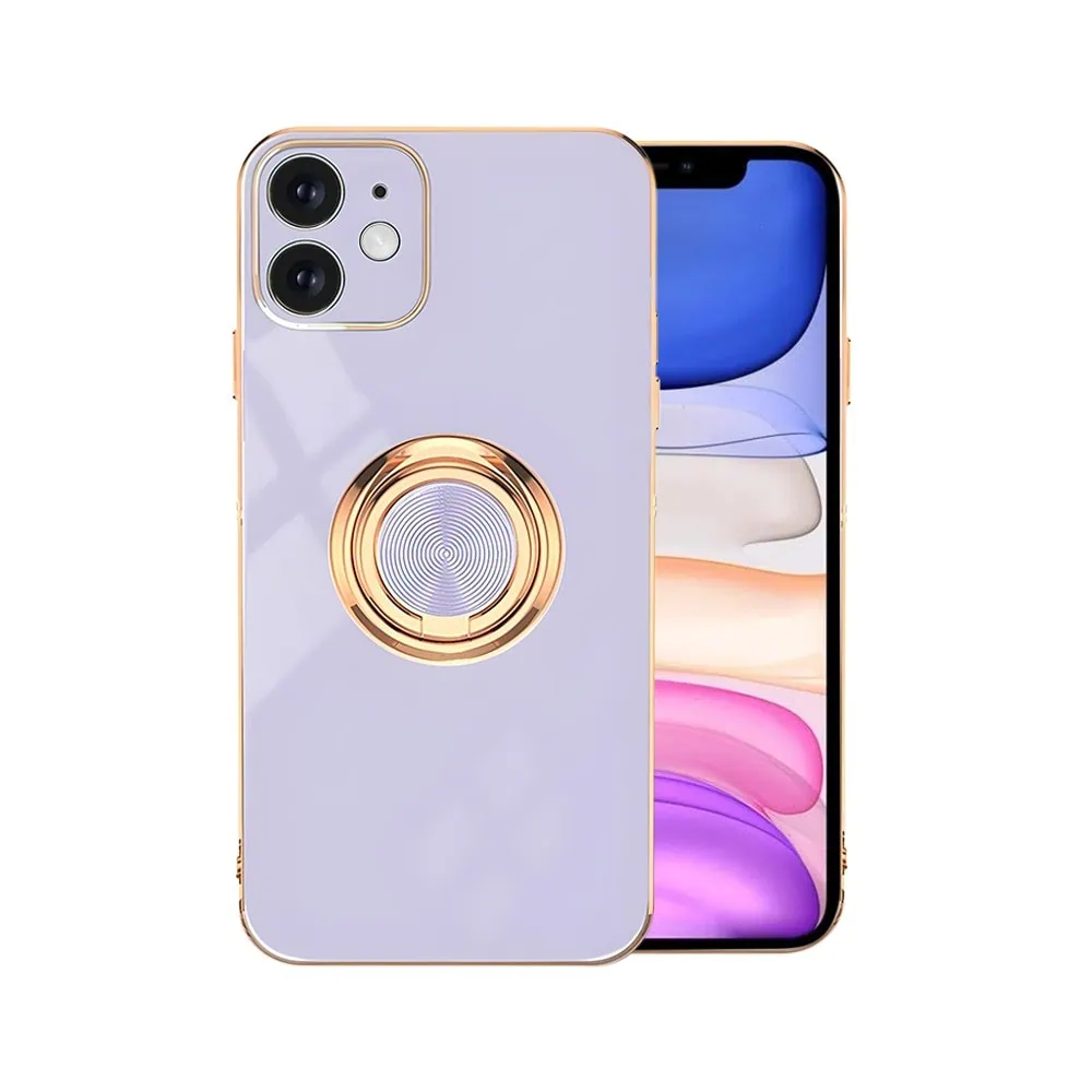 Etui do iPhone 11 eleganckie, ze złotym, metalowym uchwytem i zdobieniami, osłona na aparat, fioletowe liliowe