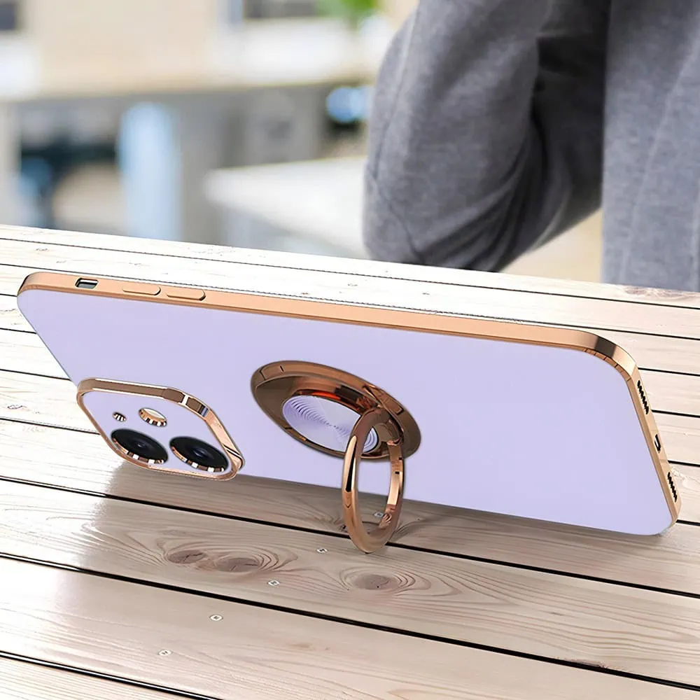 Etui do iPhone 11 eleganckie, ze złotym, metalowym uchwytem i zdobieniami, osłona na aparat, fioletowe liliowe