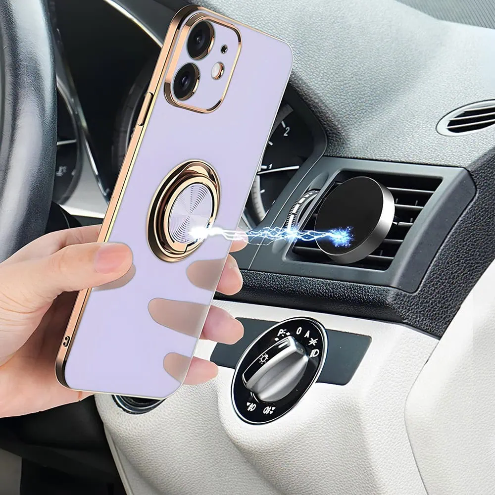 Etui do iPhone 11 eleganckie, ze złotym, metalowym uchwytem i zdobieniami, osłona na aparat, fioletowe liliowe