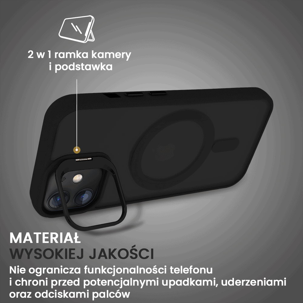 Etui do iPhone 12 Arctic Stand, półprzeźroczyste, z osłoną aparatu i podstawką, czarne