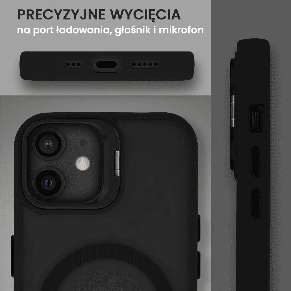 Etui do iPhone 12 Arctic Stand, półprzeźroczyste, z osłoną aparatu i podstawką, czarne