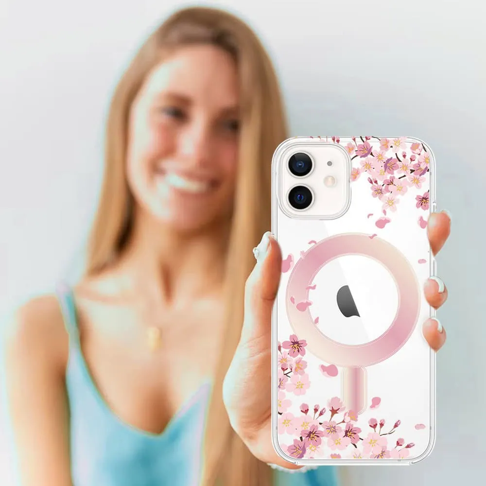 Etui do iPhone 12, Flower MagSafe, kwiat wiśni, przeźroczyste