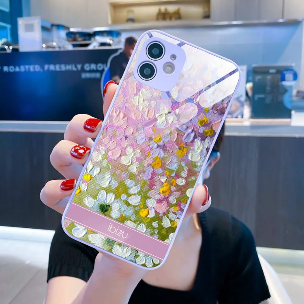 Etui do iPhone 12, Ibizu, szklany tył, osłona kamery, malowana łąka, fioletowe