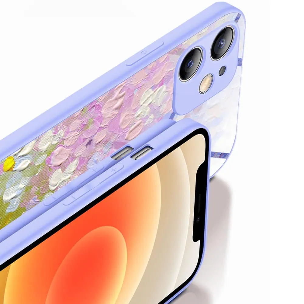 Etui do iPhone 12, Ibizu, szklany tył, osłona kamery, malowana łąka, fioletowe