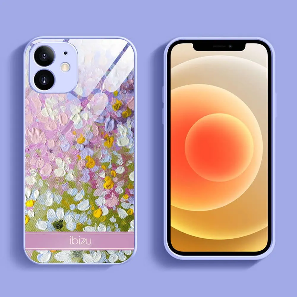 Etui do iPhone 12, Ibizu, szklany tył, osłona kamery, malowana łąka, fioletowe