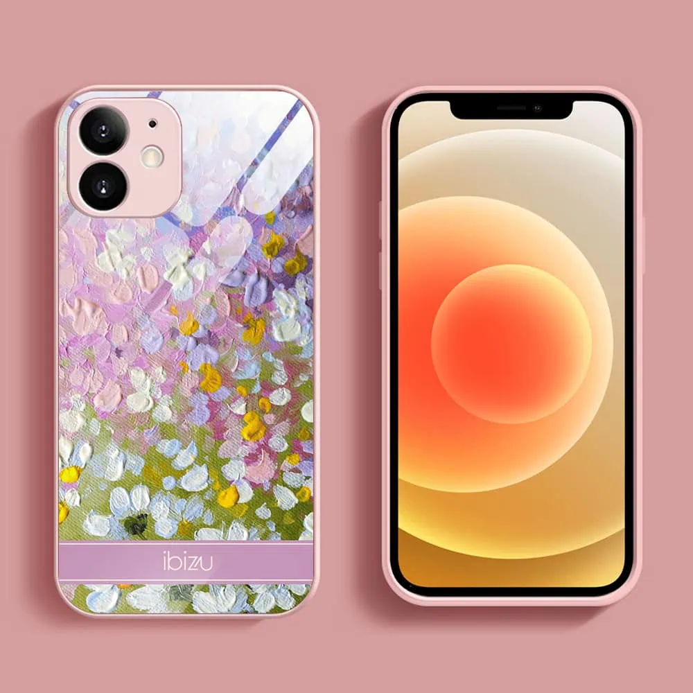 Etui do iPhone 12, Ibizu, szklany tył, osłona kamery, malowana łąka, łososiowe