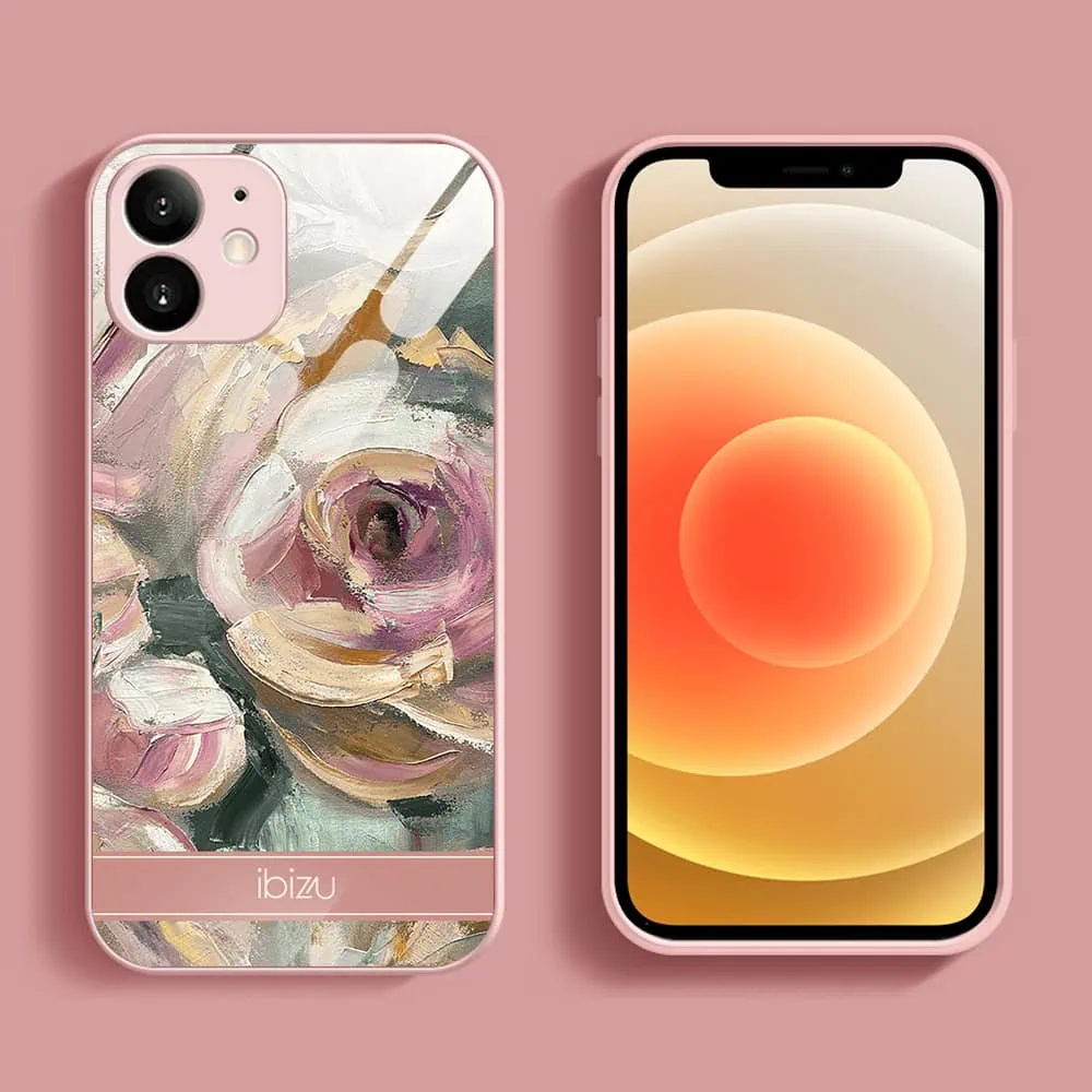 Etui do iPhone 12, Ibizu, szklany tył, osłona kamery, namalowane róże, łososiowe