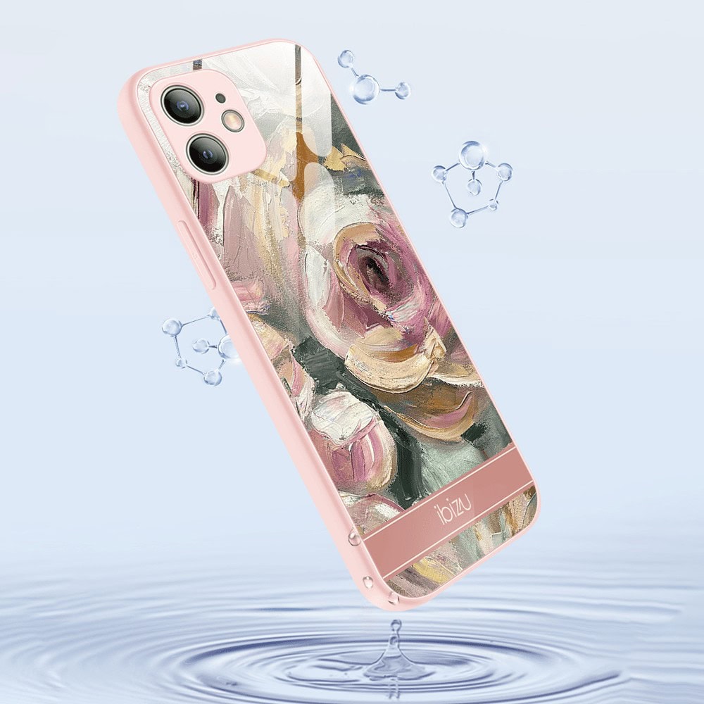 Etui do iPhone 12, Ibizu, szklany tył, osłona kamery, namalowane róże, łososiowe
