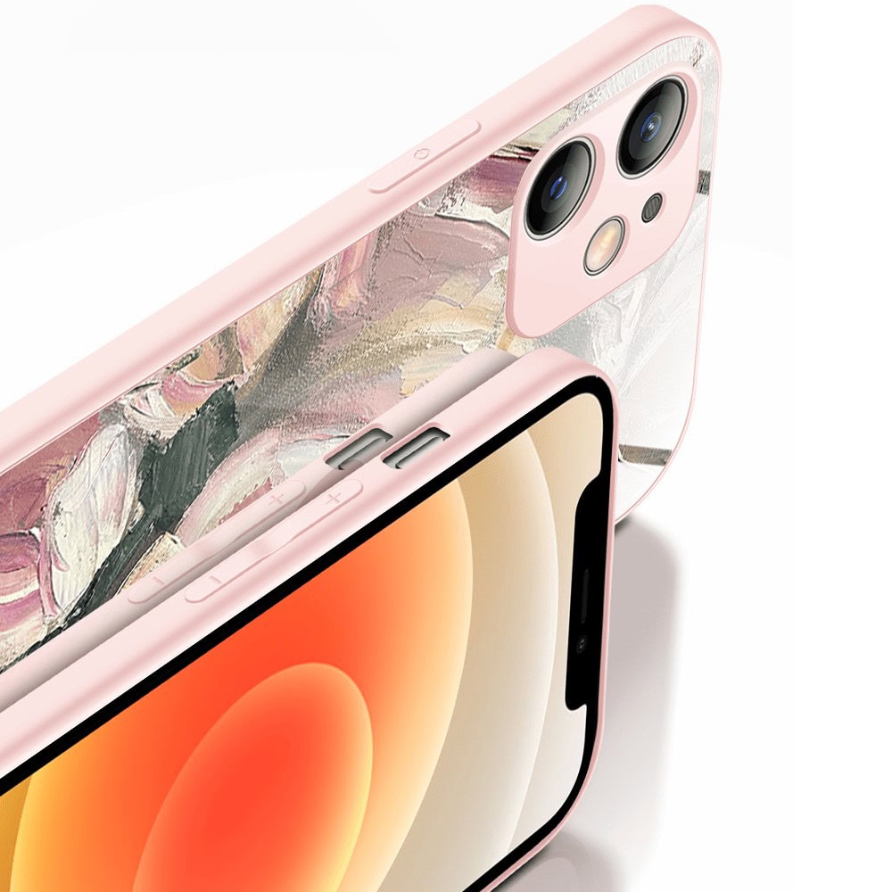 Etui do iPhone 12, Ibizu, szklany tył, osłona kamery, namalowane róże, łososiowe
