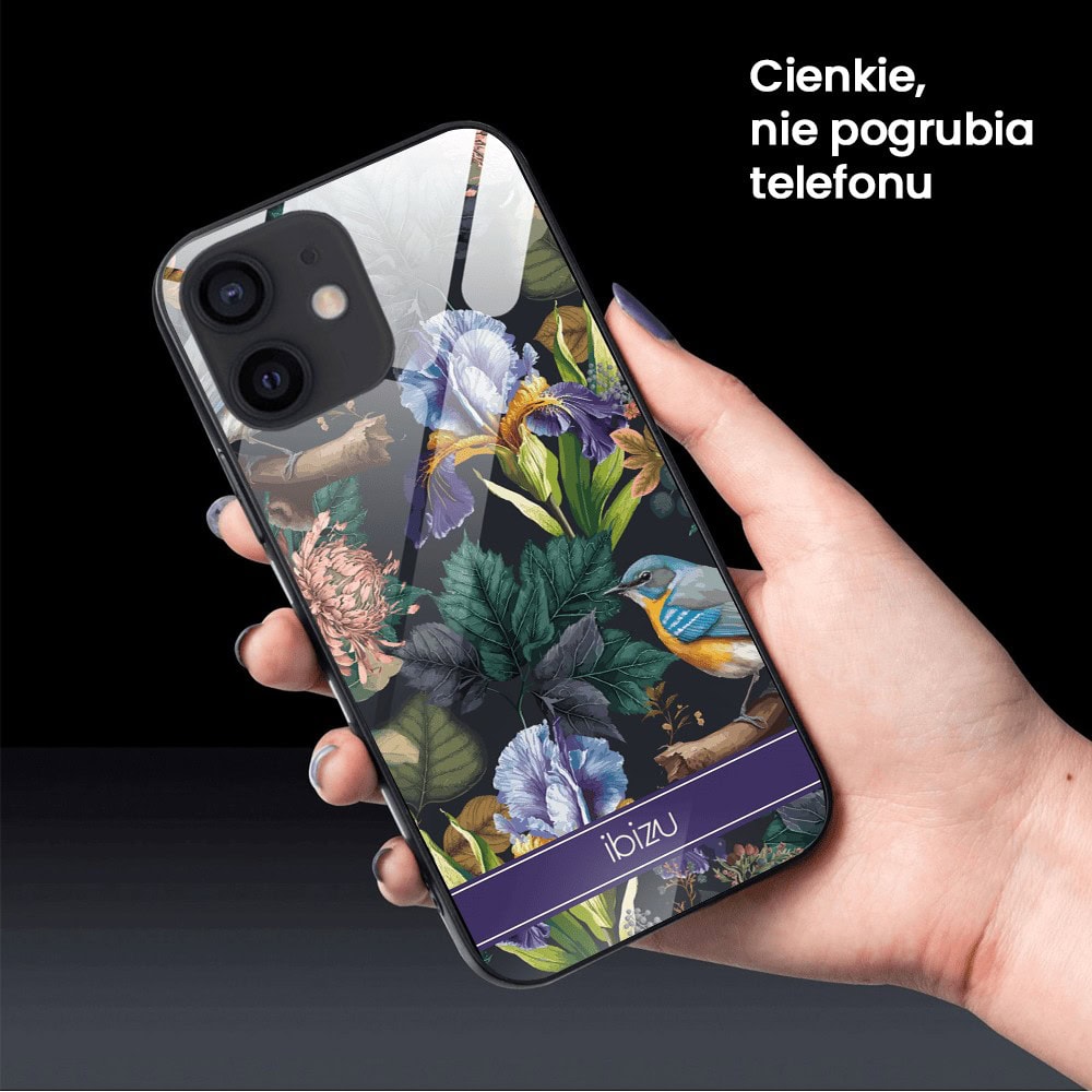 Etui do iPhone 12, Ibizu, szklany tył, symfonia natury, czarne