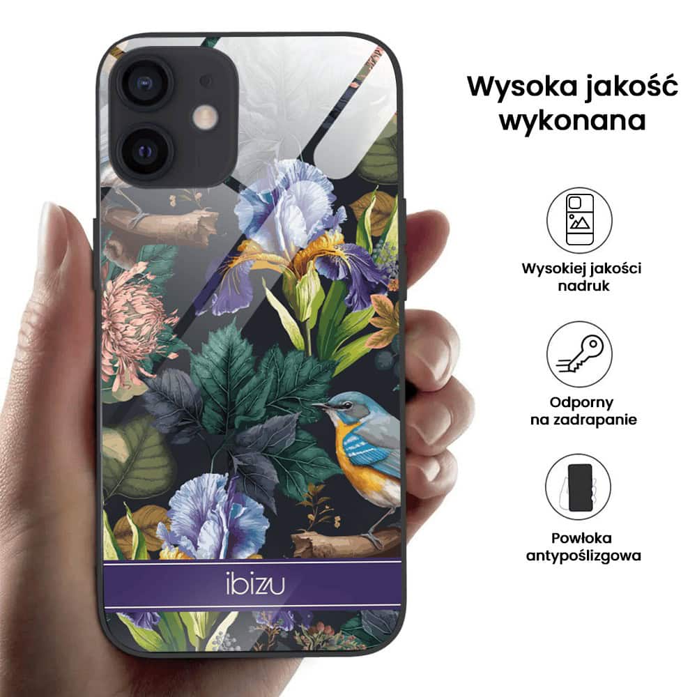 Etui do iPhone 12, Ibizu, szklany tył, symfonia natury, czarne