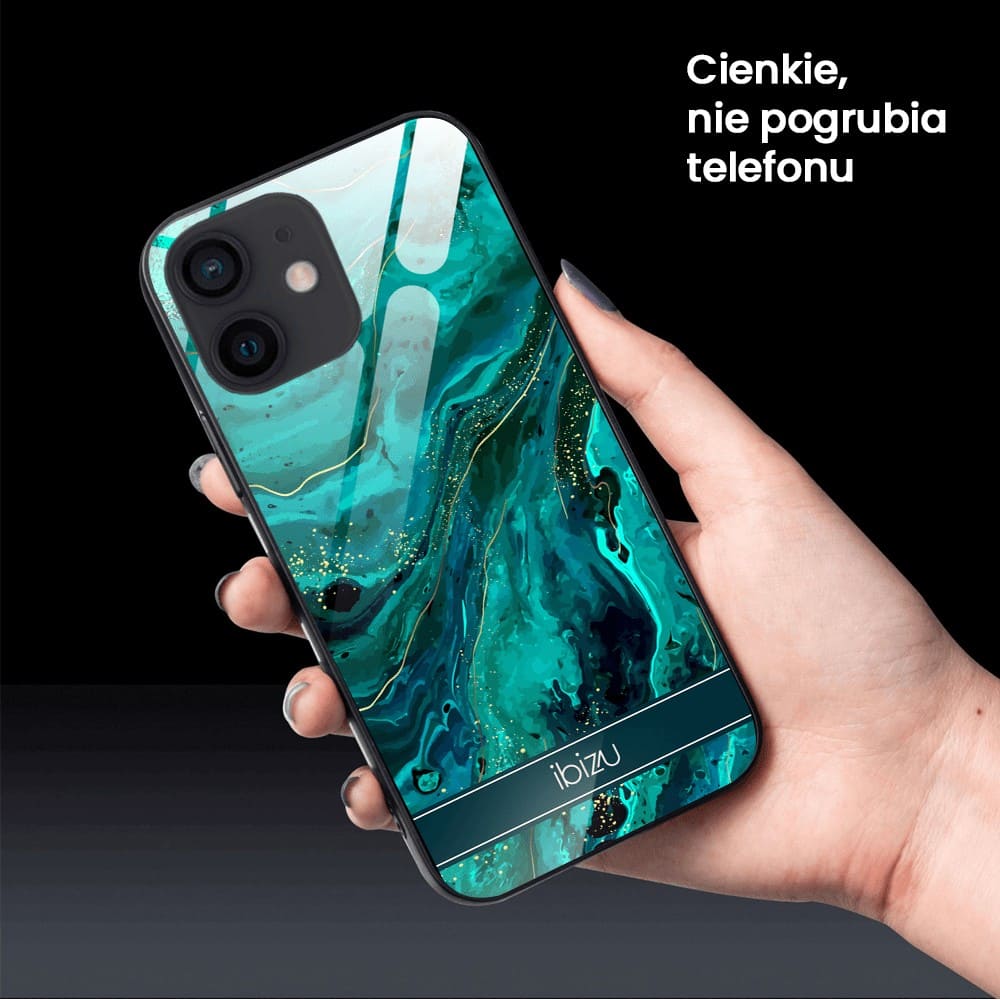 Etui do iPhone 12, Ibizu, szklany tył, zielony marmurek ze złoceniem, czarne