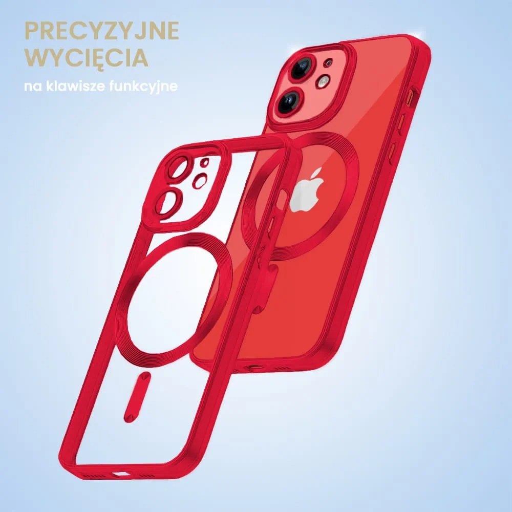 Etui do iPhone 12 MagSafe Luxury Protect przeźroczyste, hybrydowa ochrona kamery, czerwone