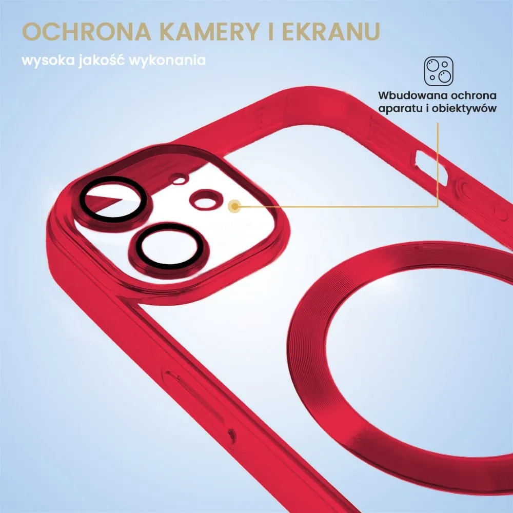 Etui do iPhone 12 MagSafe Luxury Protect przeźroczyste, hybrydowa ochrona kamery, czerwone