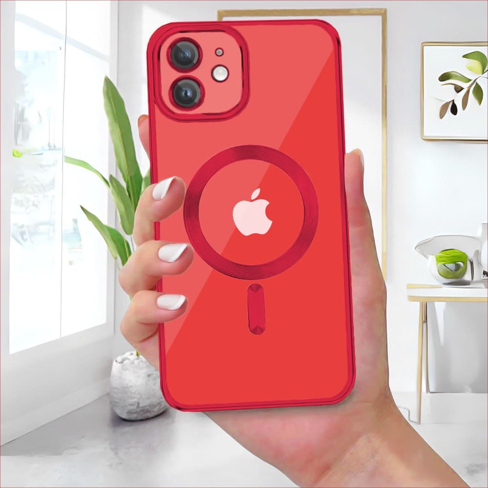 Etui do iPhone 12 MagSafe Luxury Protect przeźroczyste, hybrydowa ochrona kamery, czerwone