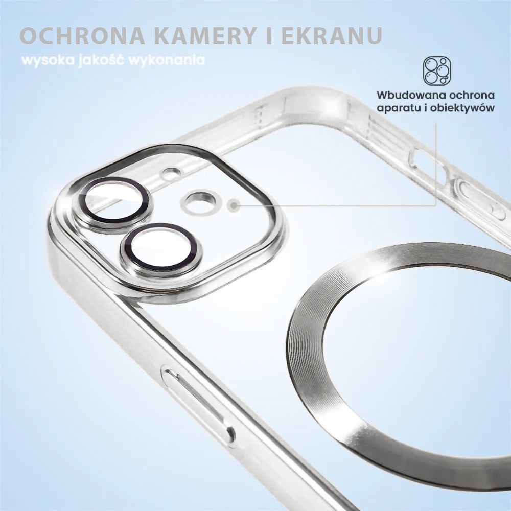Etui do iPhone 12 Mini MagSafe Luxury Protect przeźroczyste, hybrydowa ochrona kamery, srebrne