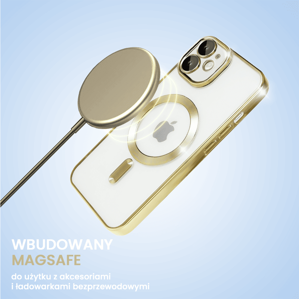 Etui do iPhone 12 MagSafe Luxury Protect przeźroczyste, hybrydowa ochrona kamery, złote