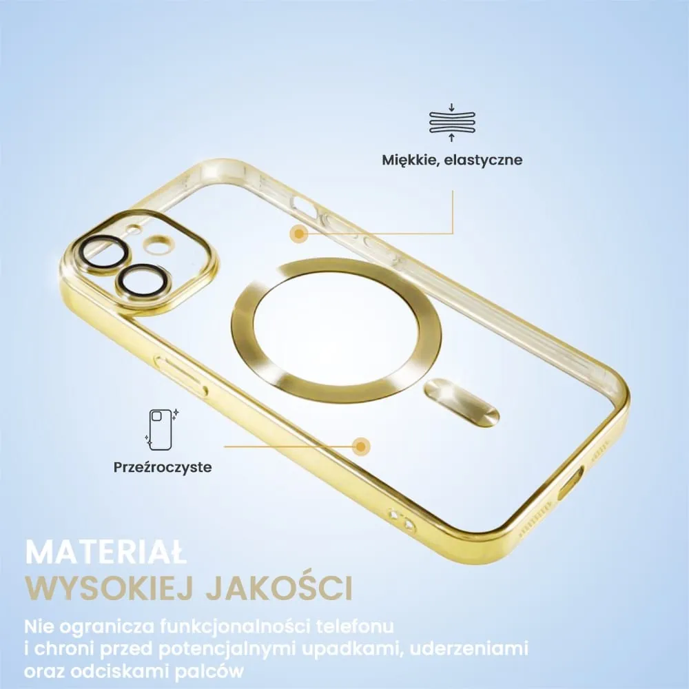 Etui do iPhone 12 MagSafe Luxury Protect przeźroczyste, hybrydowa ochrona kamery, złote