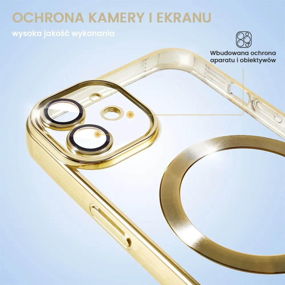 Etui do iPhone 12 MagSafe Luxury Protect przeźroczyste, hybrydowa ochrona kamery, złote