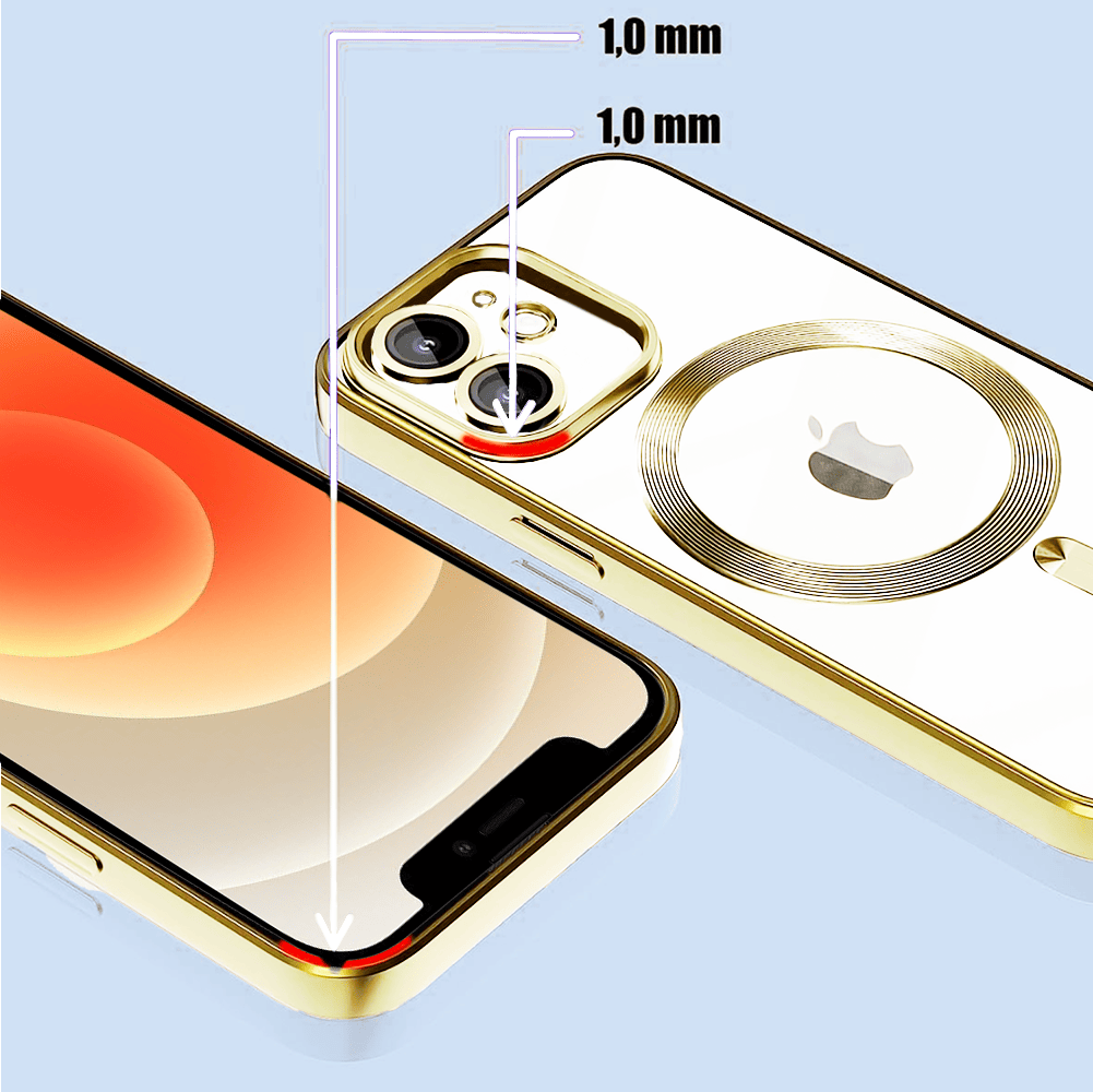 Etui do iPhone 12 MagSafe Luxury Protect przeźroczyste, hybrydowa ochrona kamery, złote