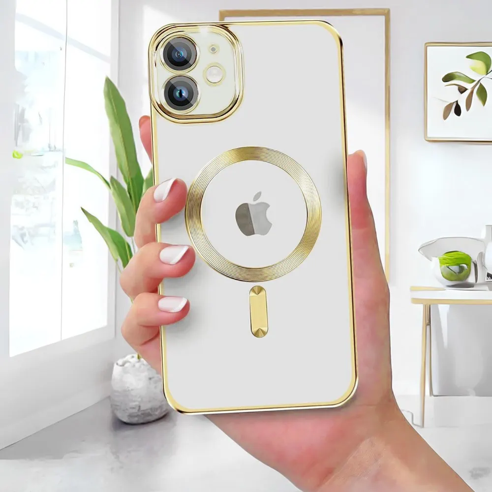 Etui do iPhone 12 MagSafe Luxury Protect przeźroczyste, hybrydowa ochrona kamery, złote