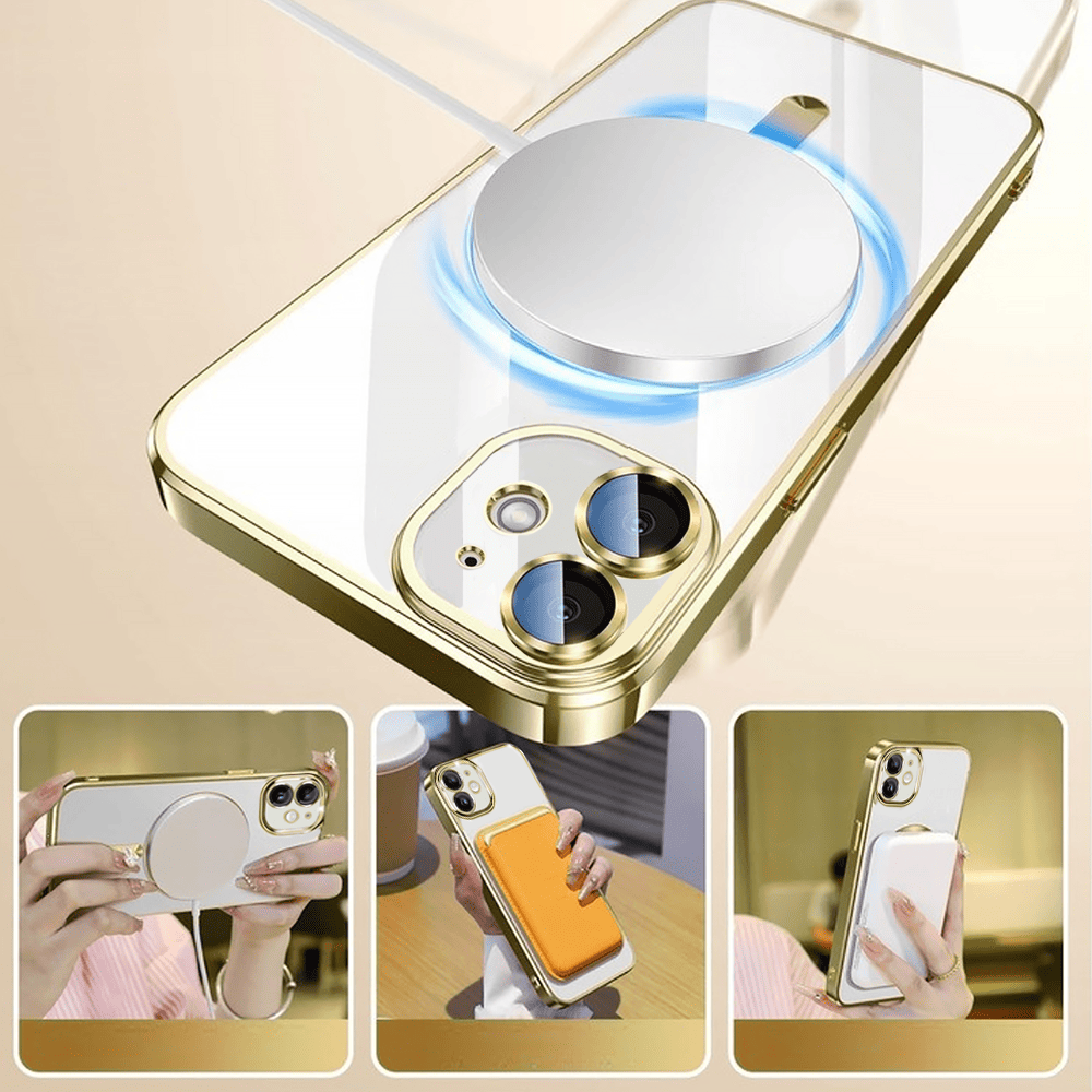 Etui do iPhone 12 MagSafe Luxury Protect przeźroczyste, hybrydowa ochrona kamery, złote