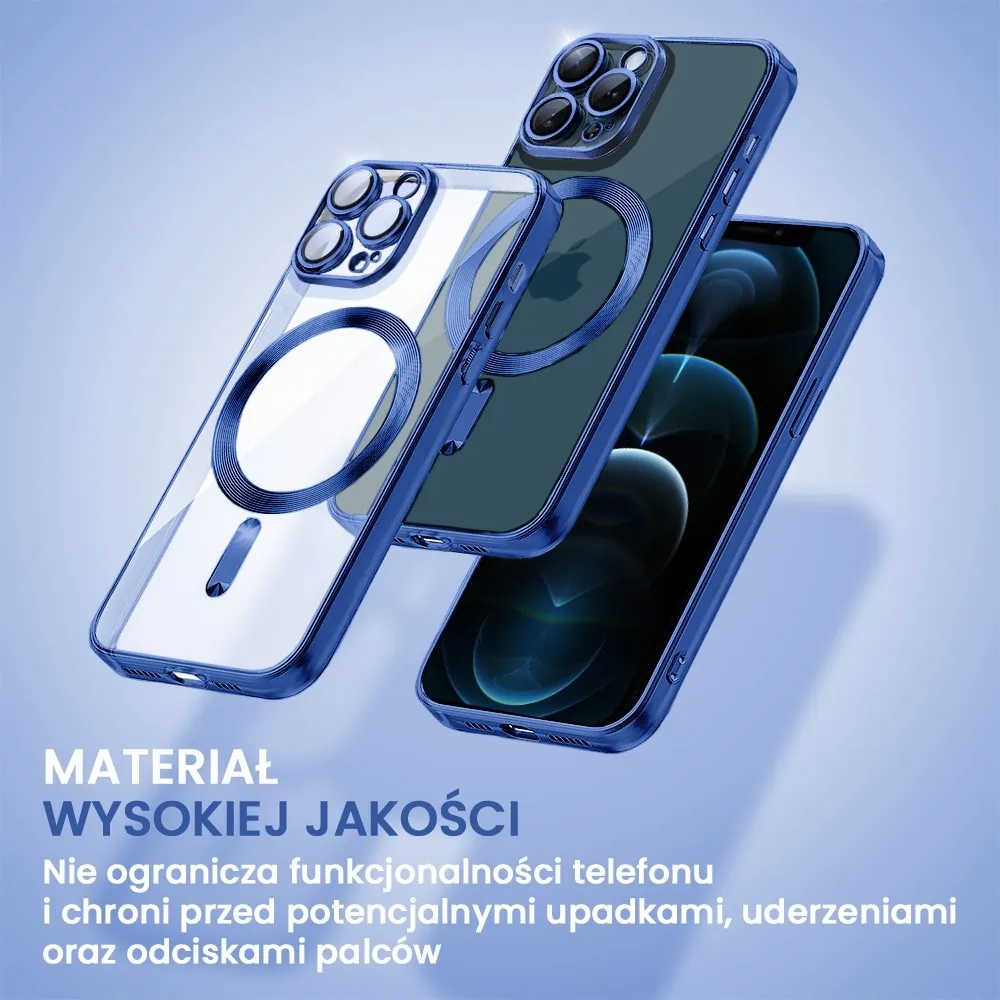 Etui do iPhone 12 Pro MagSafe Luxury Protect przeźroczyste, hybrydowa ochrona kamery, granatowe