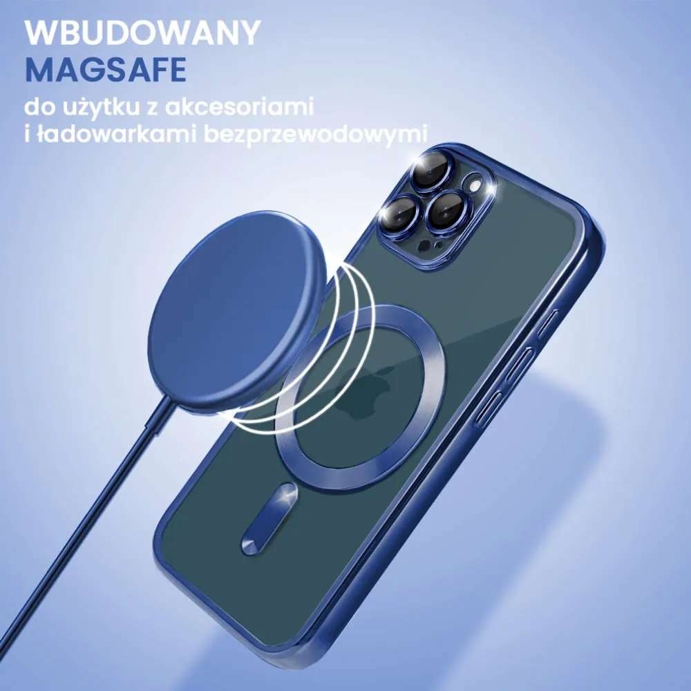 Etui do iPhone 12 Pro MagSafe Luxury Protect przeźroczyste, hybrydowa ochrona kamery, granatowe