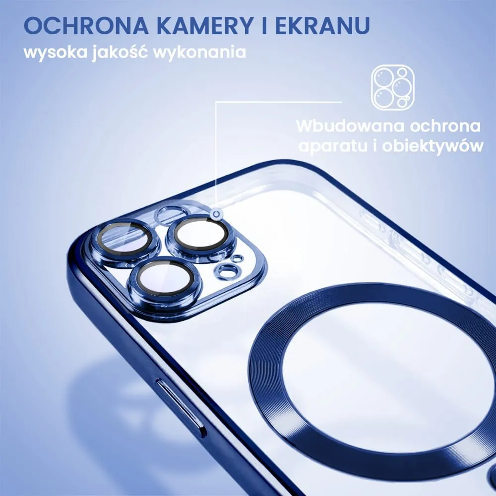 Etui do iPhone 12 Pro MagSafe Luxury Protect przeźroczyste, hybrydowa ochrona kamery, granatowe