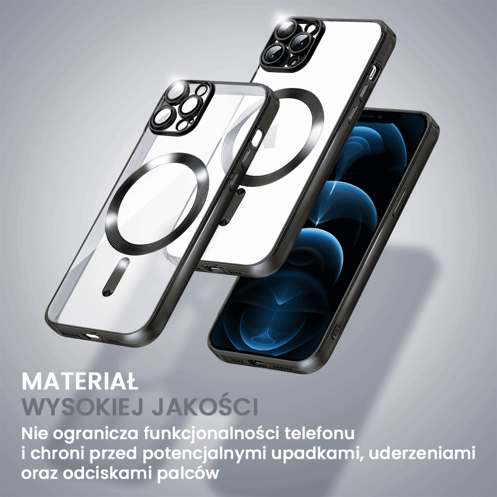 etui do iphone 12 pro max magsafe luxury protect przeźroczyste, hybrydowa ochrona kamery, czarne