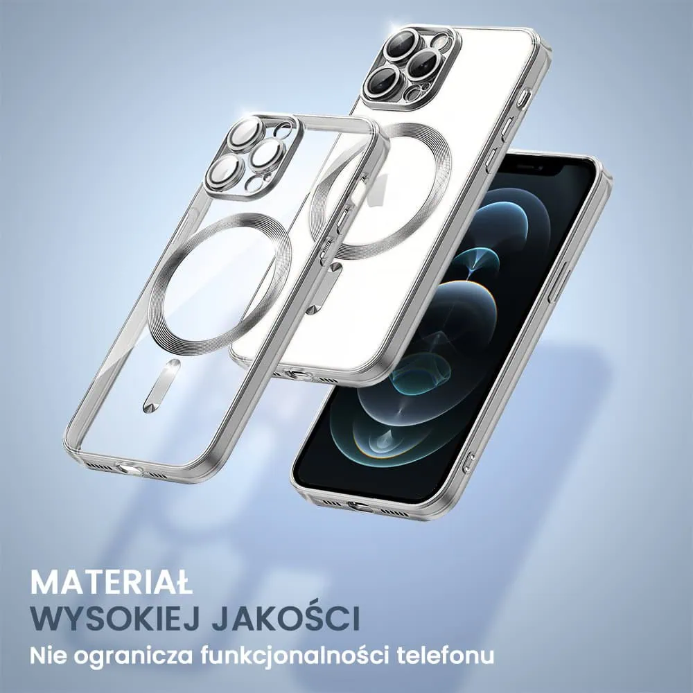 Etui do iPhone 12 Pro Max MagSafe Luxury Protect przeźroczyste, hybrydowa ochrona kamery, srebrne
