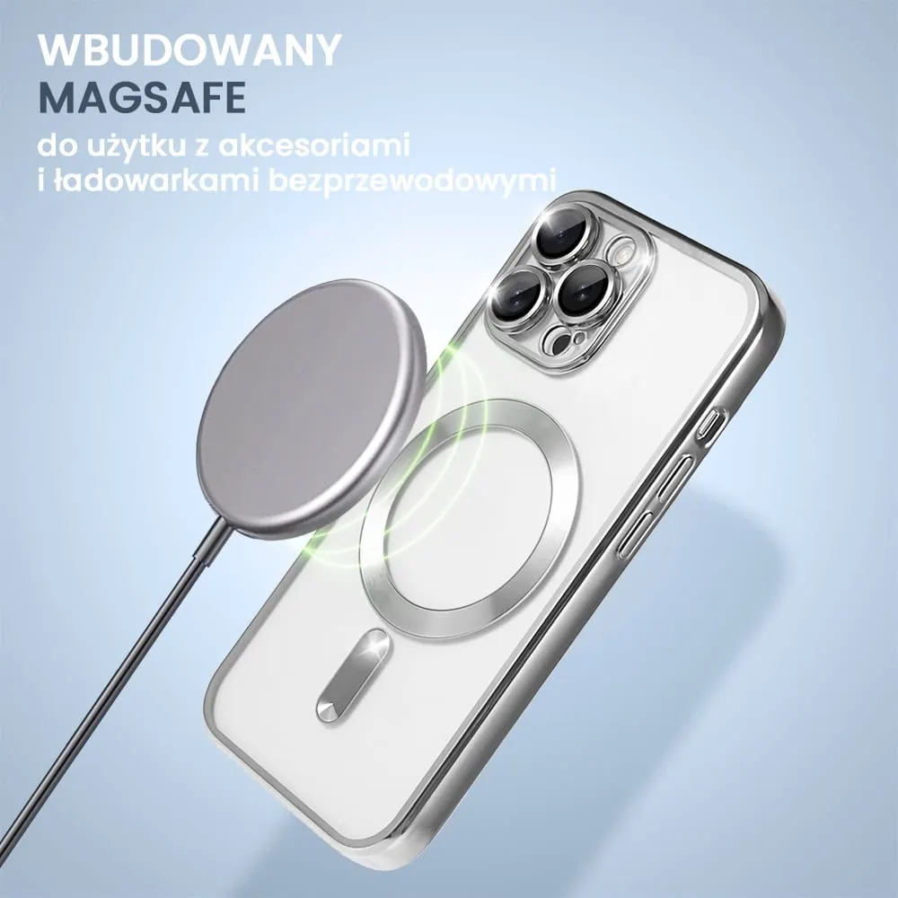 Etui do iPhone 12 Pro Max MagSafe Luxury Protect przeźroczyste, hybrydowa ochrona kamery, srebrne